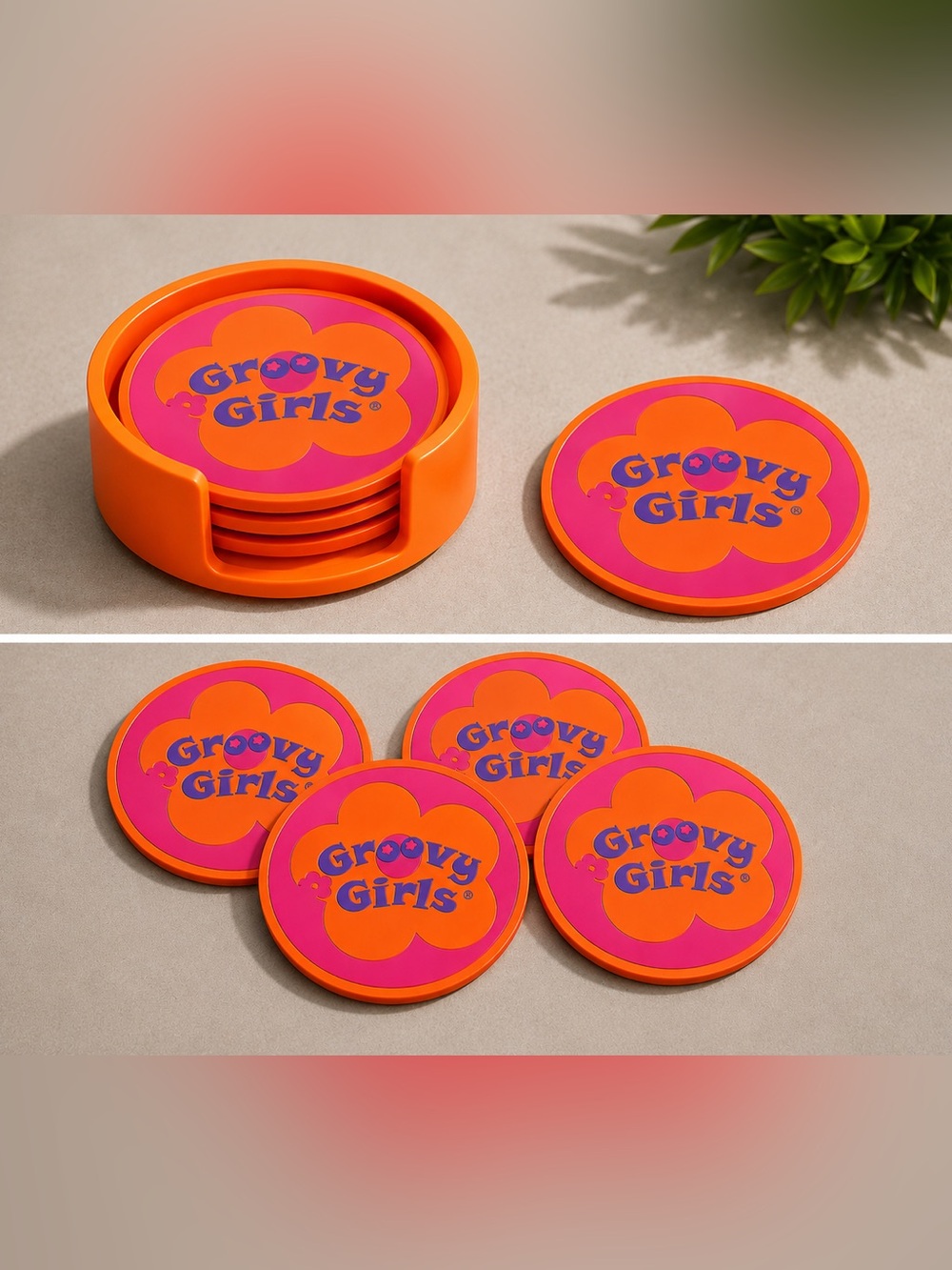 Groovy Girls Inspired Coaster Set with Holder Retro Drink Coasters Set of 4